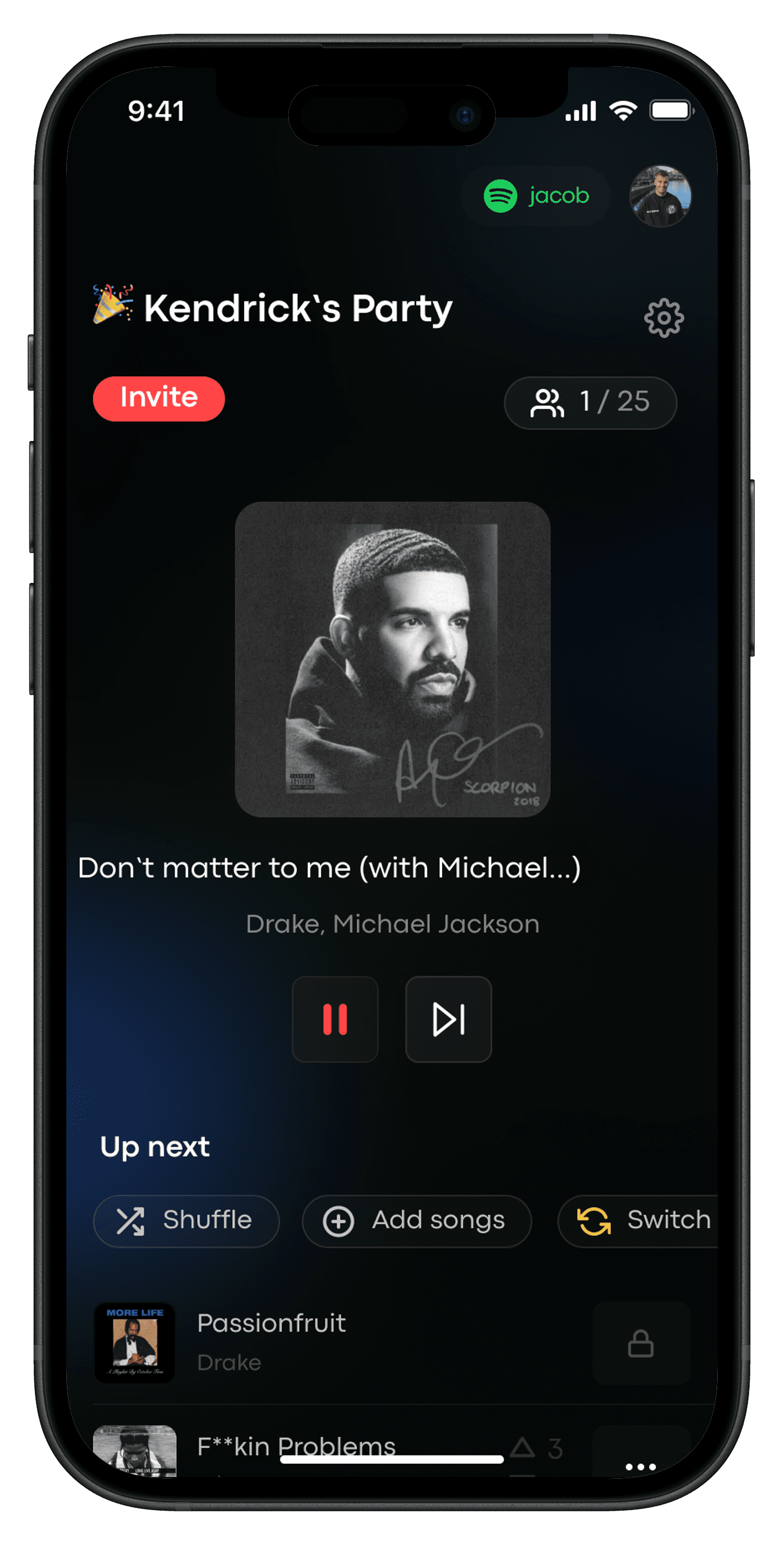 The playa app showing a party queue where guests vote on the next song